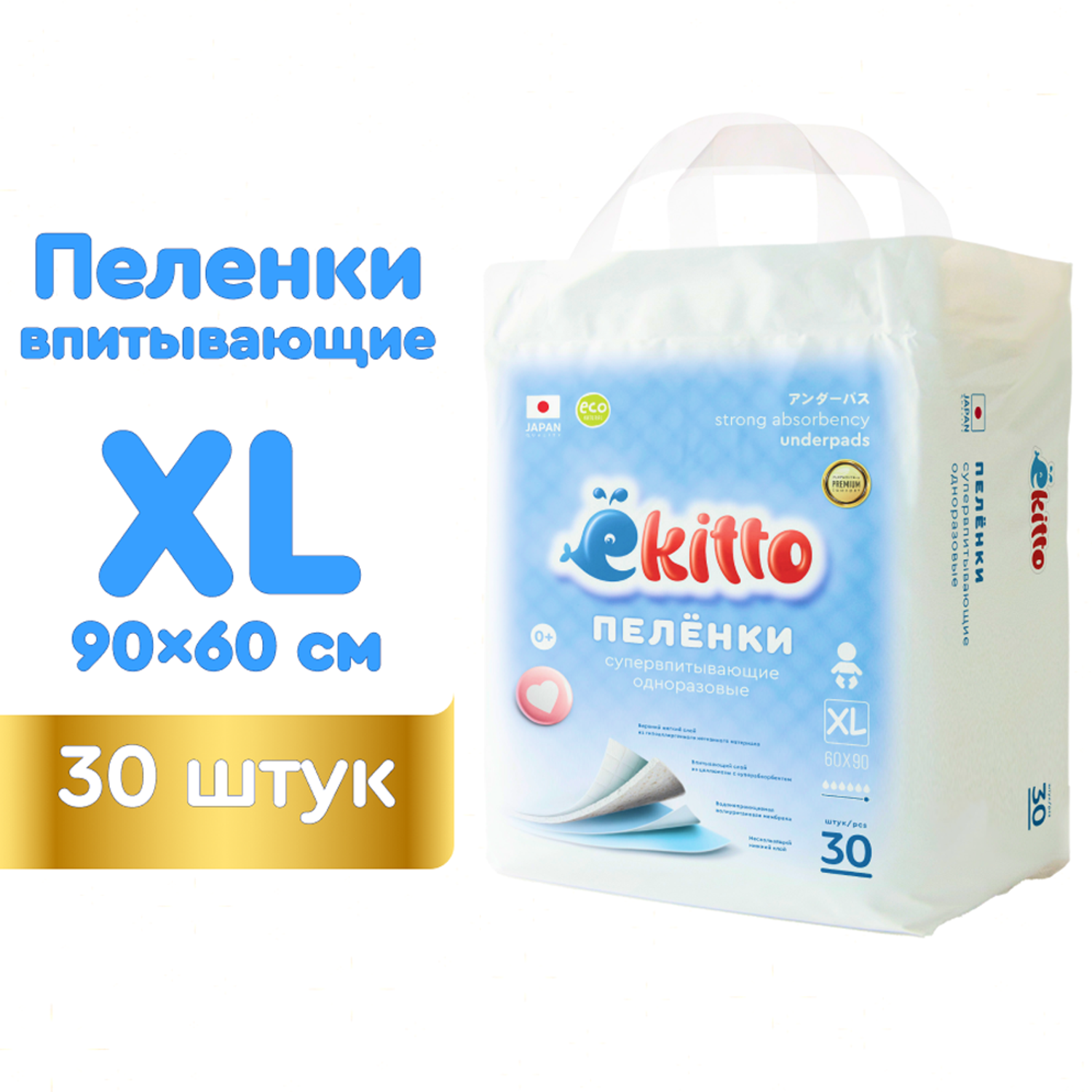 Пеленки одноразовые Ekitto для новорожденных впитывающие 60х90 30 шт - фото 2