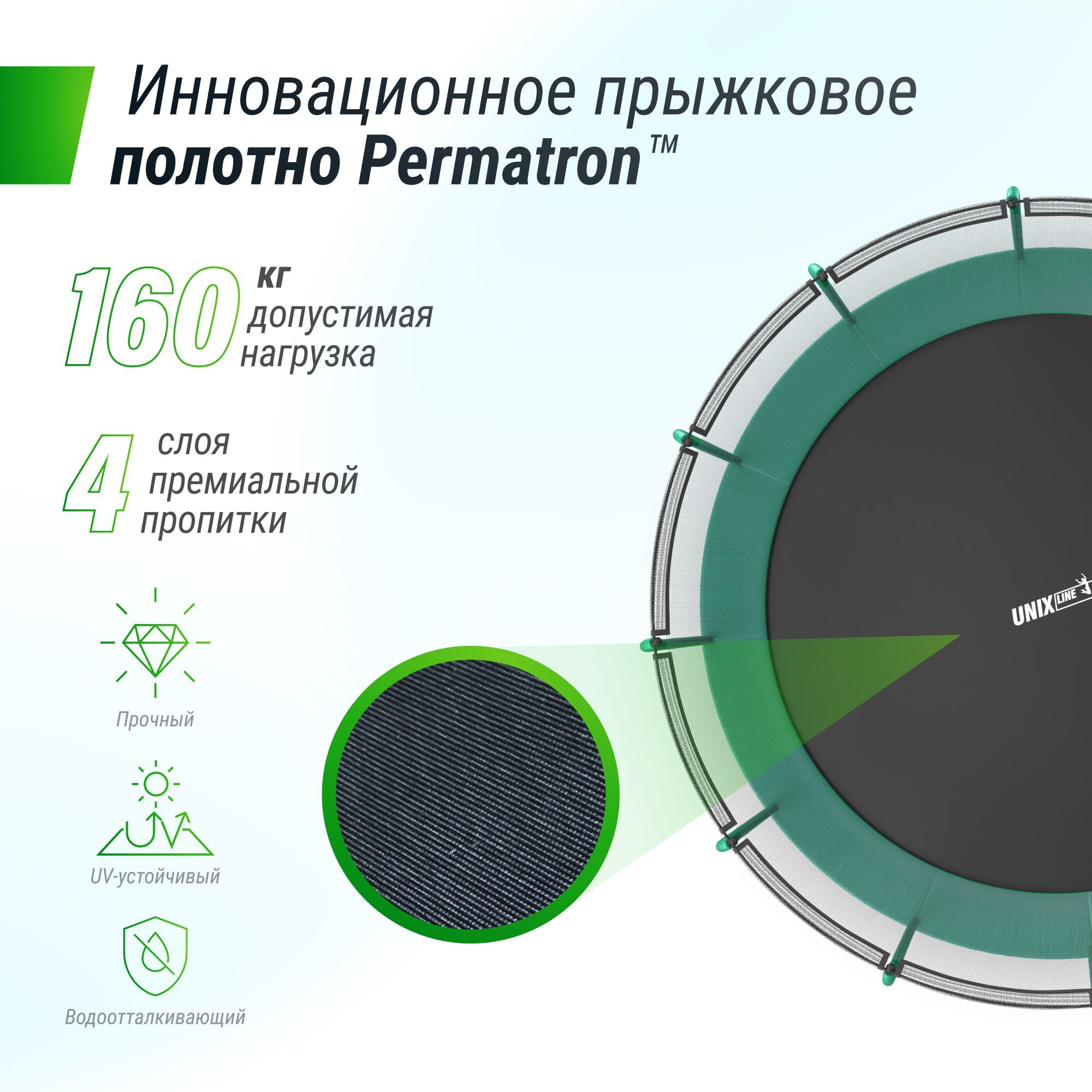 Батут каркасный supreme basic UNIX line 16 ft Green диаметр 488 см до 160 кг диаметр прыжковой зоны 430 см - фото 10