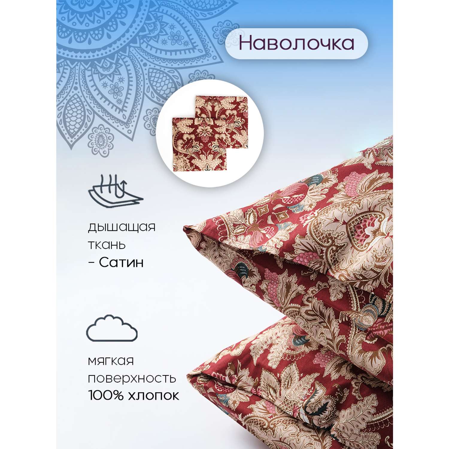 Комплект постельного белья Selena Индия 2-спальный премиум сатин наволочка 70х70 см с одеялом - фото 3