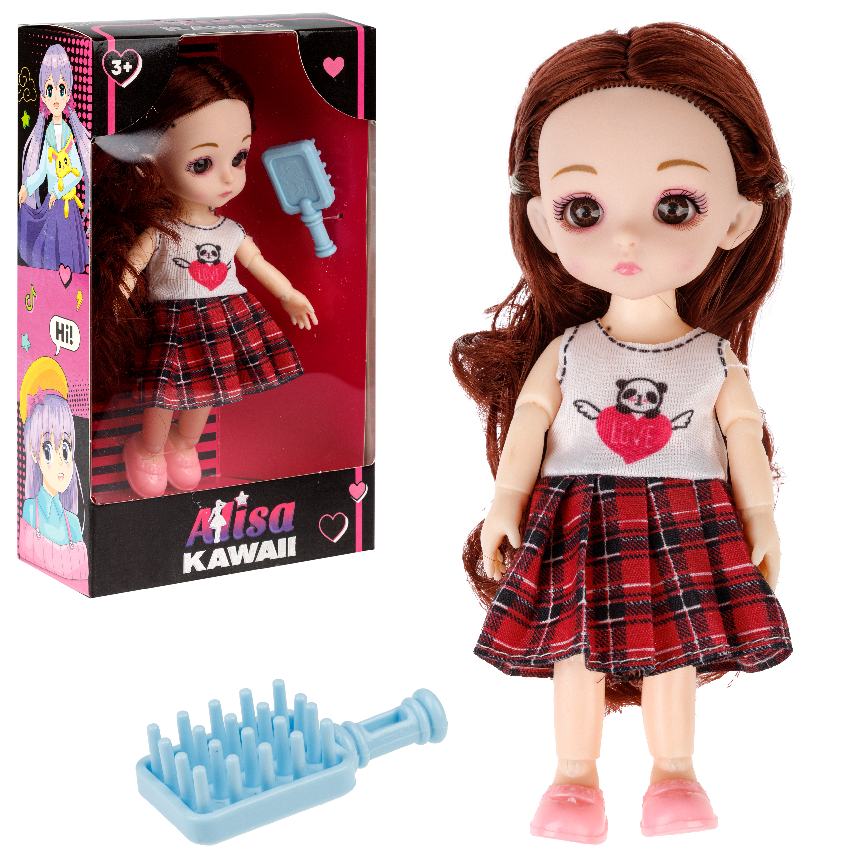 Кукла шарнирная 15 см 1TOY Alisa Kawaii mini с расчёской длинные темные волосы Т24348 - фото 8