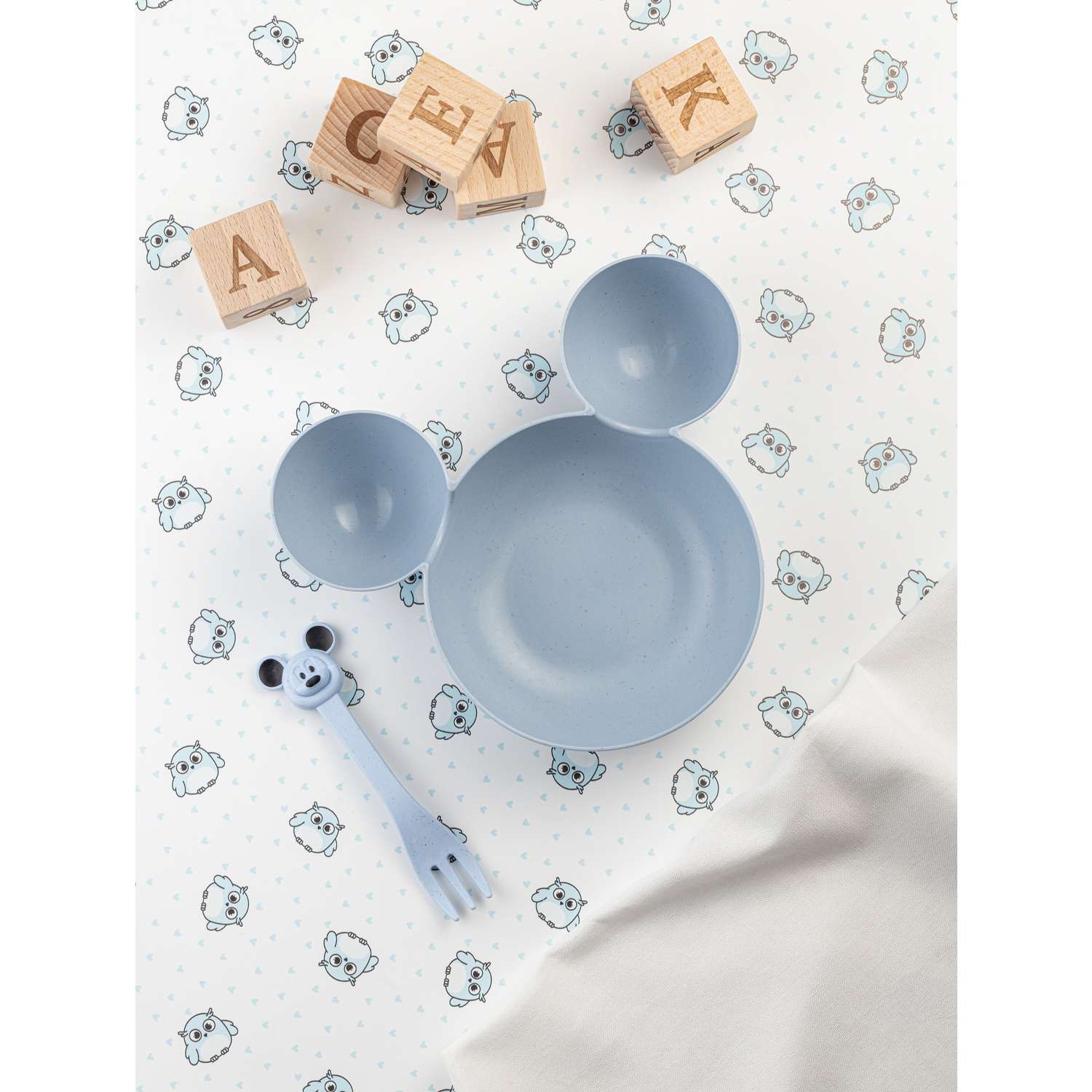 Набор детской посуды Добрый Филин Детская тарелка вилка ложка Мышонок синий 3 предмета - фото 5