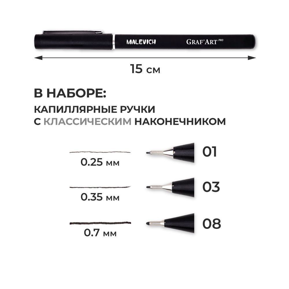 Капиллярные ручки Малевичъ Комплект GrafArt PRO 01 03 08 - фото 2