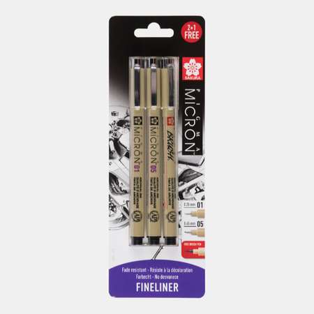 Набор черных капиллярных ручек Sakura Pigma Micron 2 штуки + 1 Pigma Brush