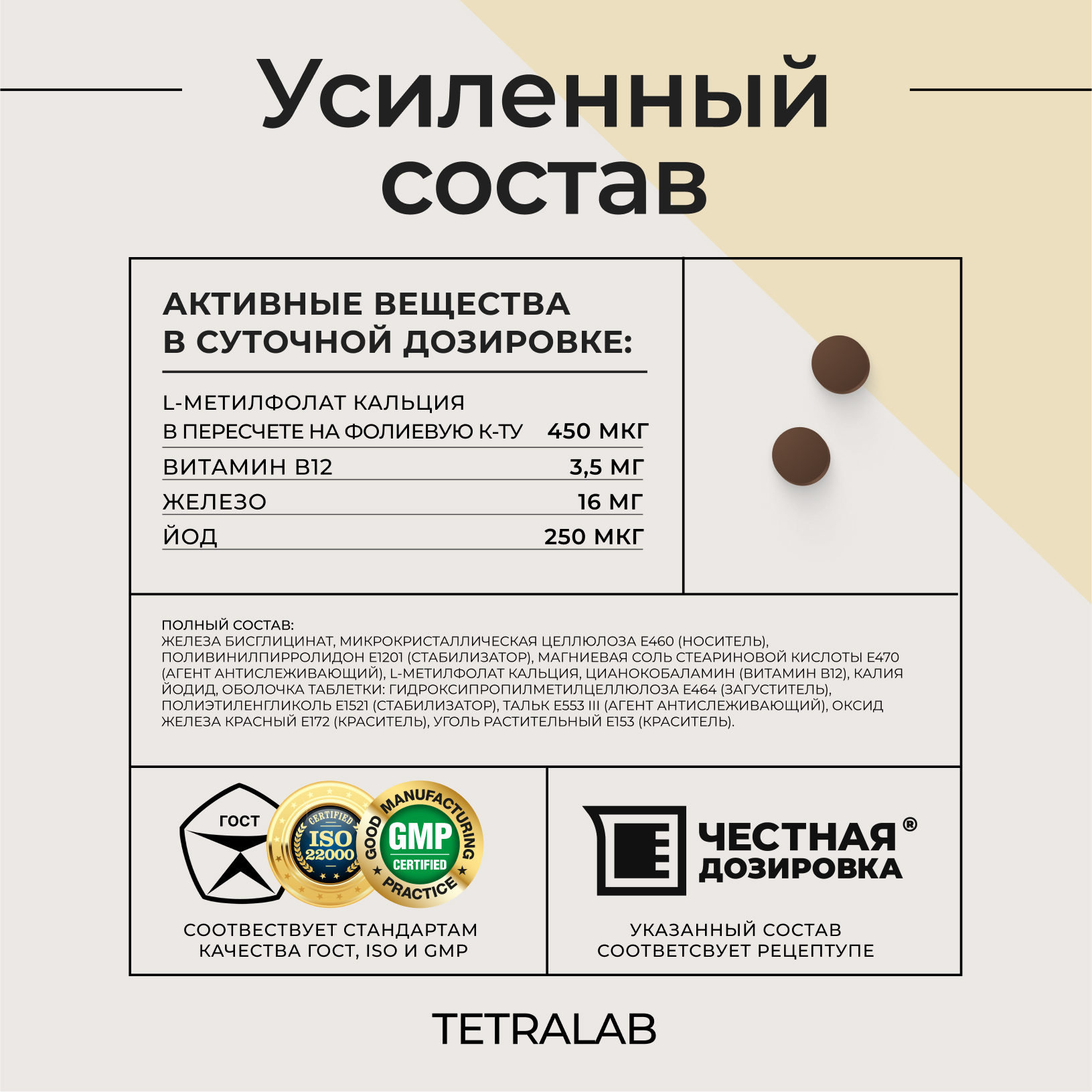 БАД TETRALAB L-метилфолат комплекс Фолиевая кислота йод железо и В12 90 шт - фото 3