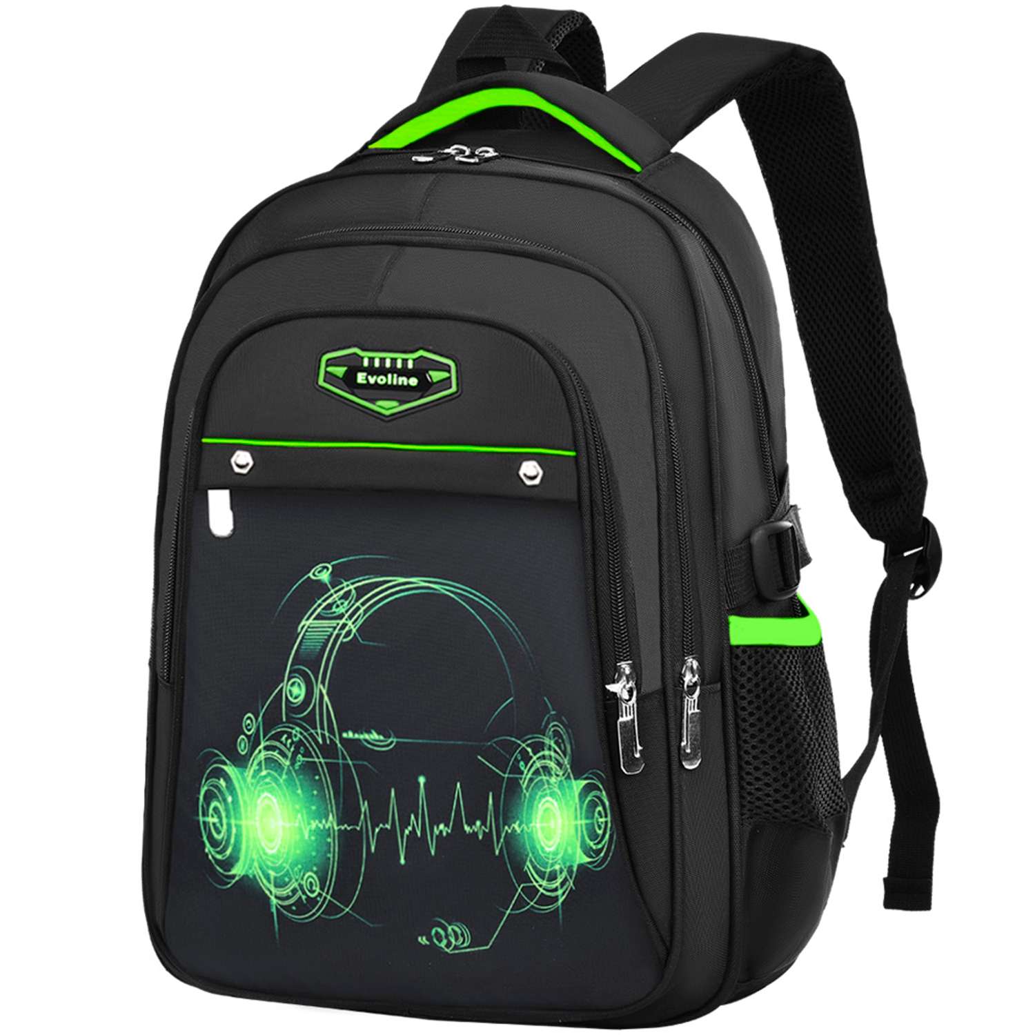 Рюкзак школьный Evoline Черный зеленые наушники 45см спинка EVO-headph-1 - фото 1