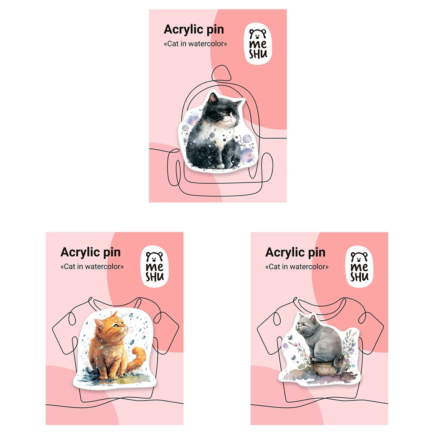Набор акриловых значков Meshu Cats in watercolor прямая УФ-печать 3 шт - фото 1
