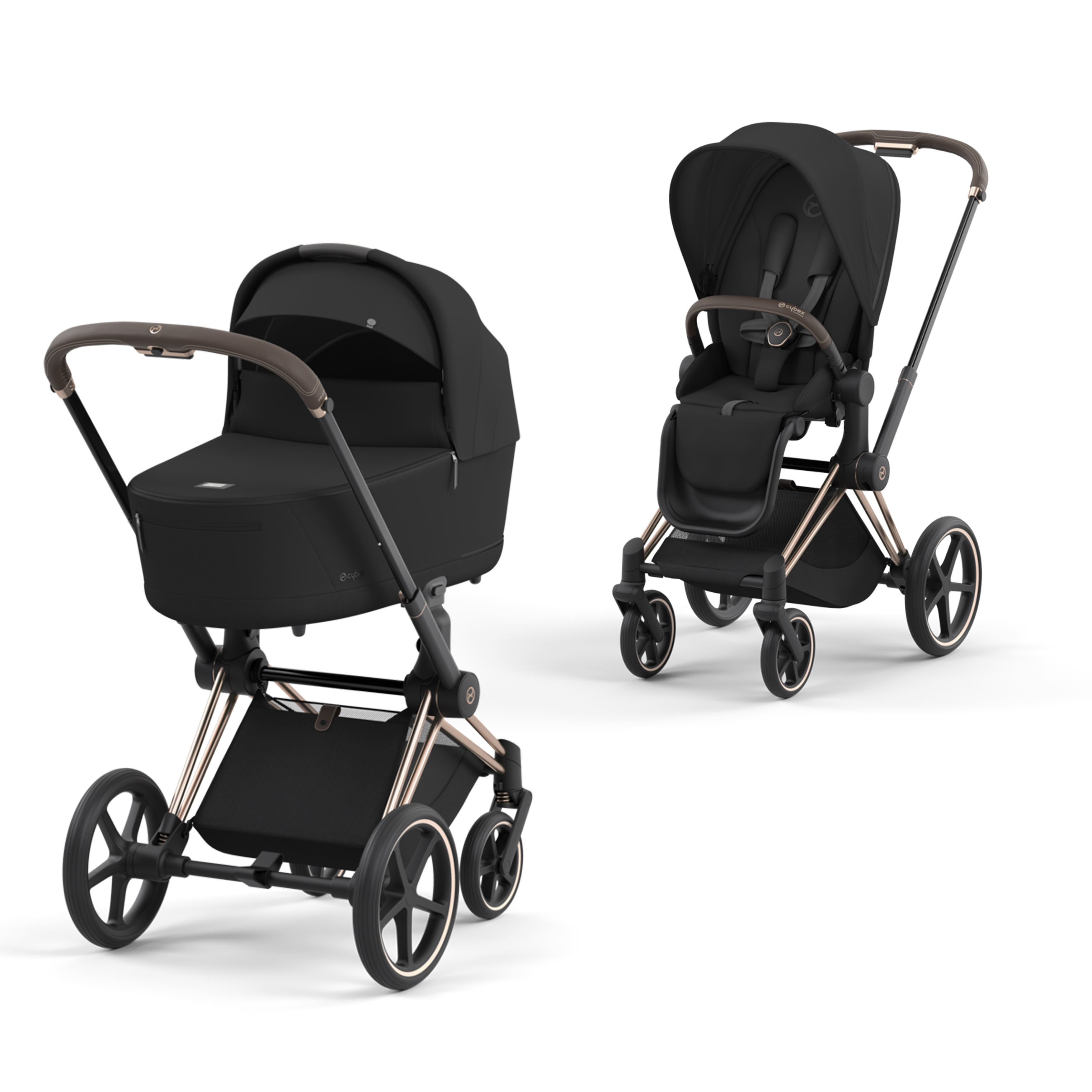 Коляска Cybex Priam IV Rosegold 2в1 Sepia Black в комплекте со спальным блоком Lux Carry Cot - фото 1