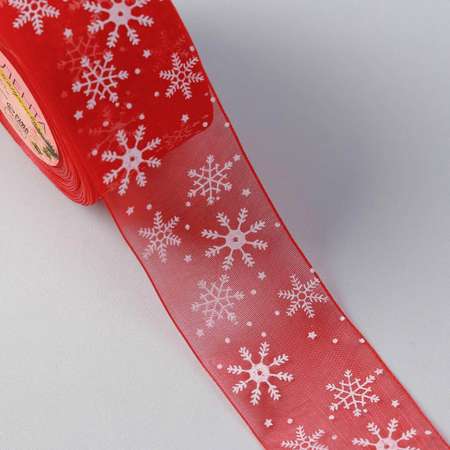 Лента Арт Узор капроновая «Снежинки». 40 мм×23 ± 1 м. цвет красный/белый