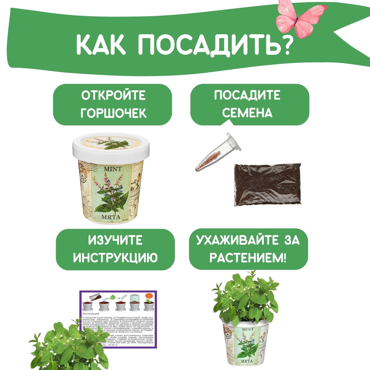 Набор для выращивания растений Rostok Visa Вырасти саам Мяту в подарочном горшке - фото 4