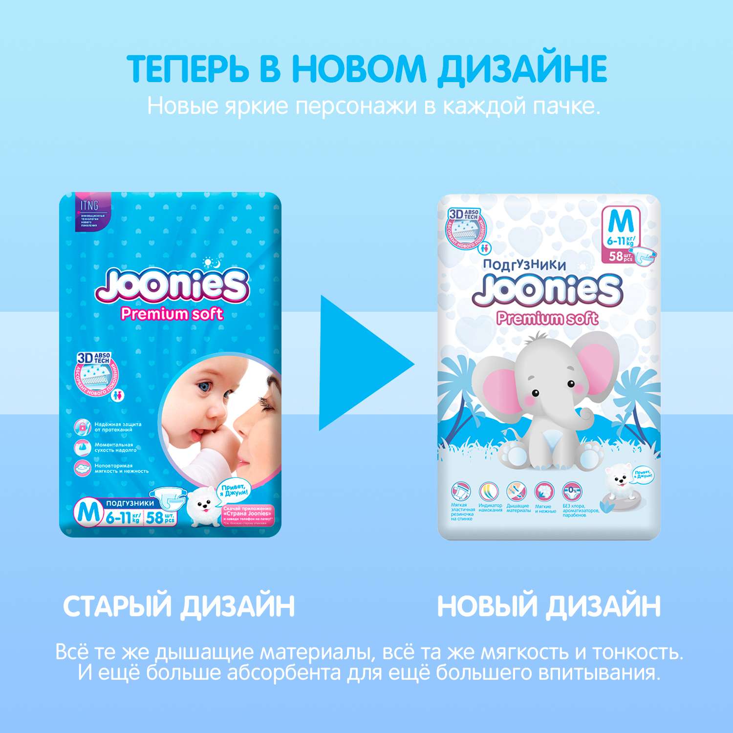 Подгузники Joonies Premium Soft M 6-11кг 58шт купить по цене 1199 ₽ в  интернет-магазине Детский мир