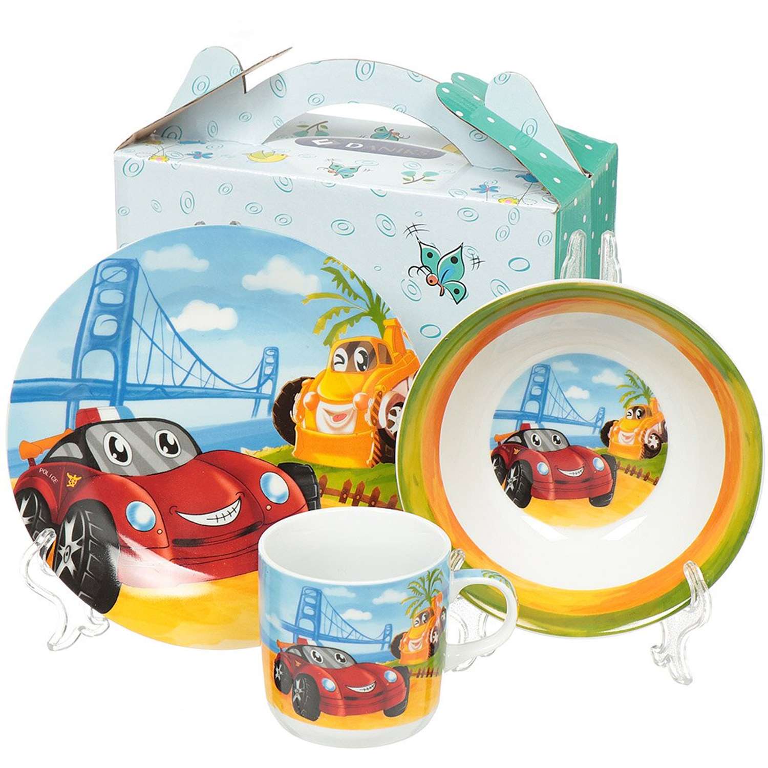 Набор детской посуды Daniks декорированный Автомобили 3 предмета керамика подходит для СВЧ и ПММ - фото 2