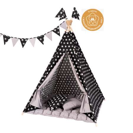 Детская игровая палатка вигвам Buklya Звезды с ковриком бон-бон цв. черный / серый