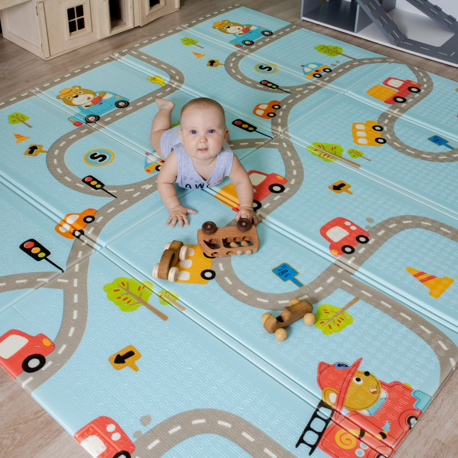 Детский коврик игровой Keelife складной двусторонний развивающий для малышей Машинки и Жираф 180х200х1см - фото 2