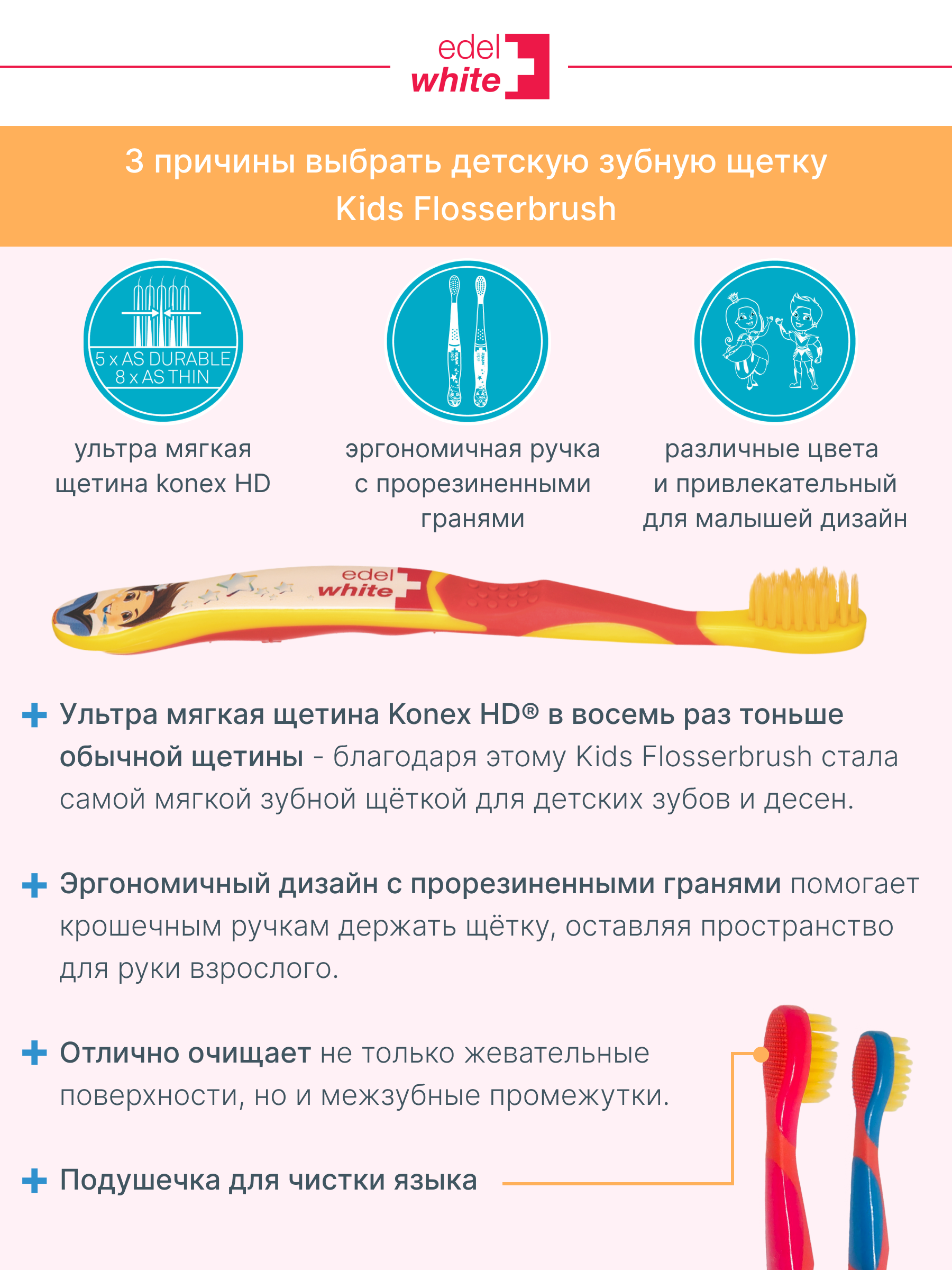 Детская зубная щетка edel+white Flosserbrush Ультрамягкая с защитным колпачком От 0 до 8 лет - фото 3