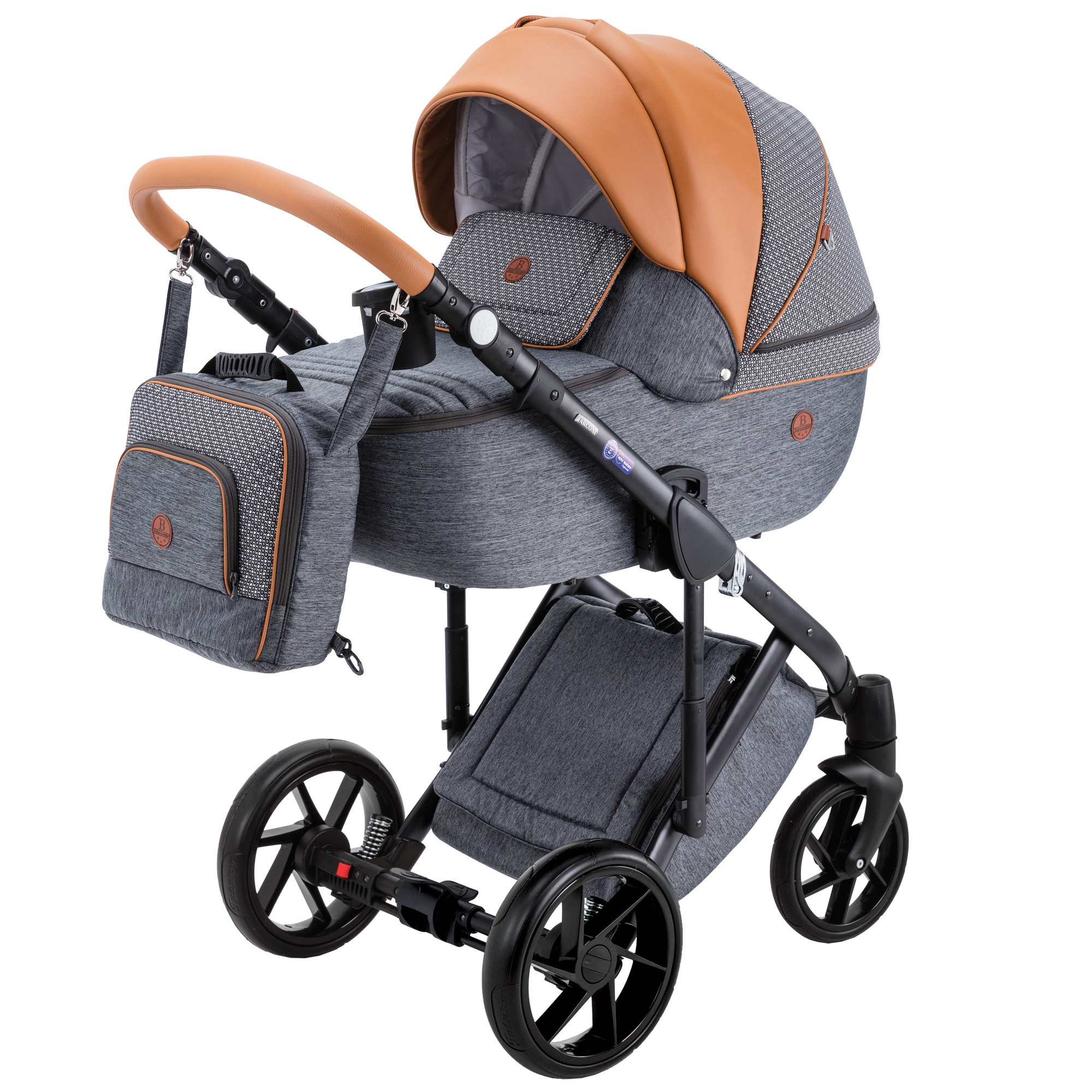 Коляска 2в1 BeBe-mobile Marconi 50% кожа BE50 Серо-Черный+Черно-белые круги+Карамельная кожа - фото 1