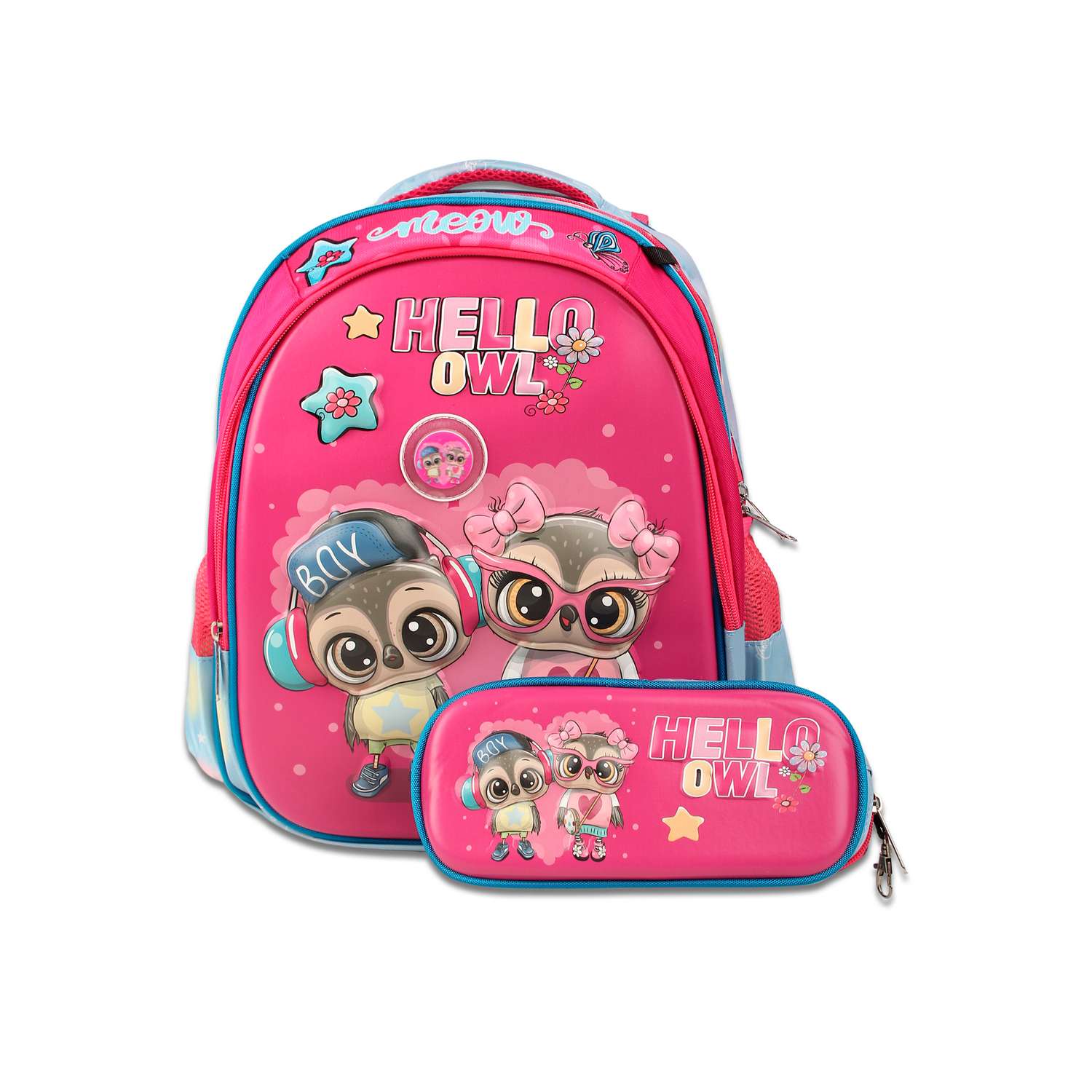 Рюкзак школьный с пеналом Little Mania Совы розовый - фото 1