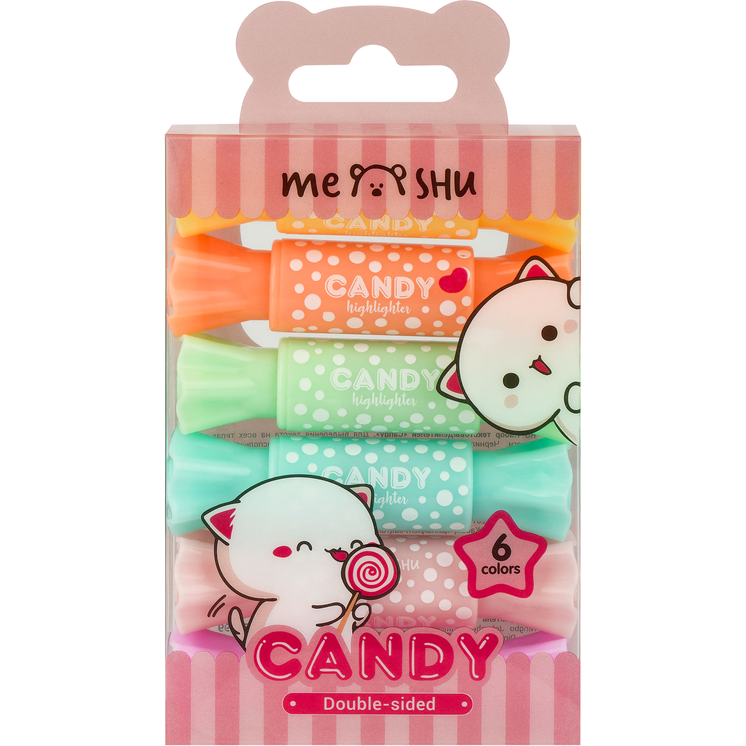 Набор текстовыделителей двусторонних Meshu Candy 06цв пастельные цвета 2/4мм ПВХ бокс с европодвесом MS_55399 - фото 1