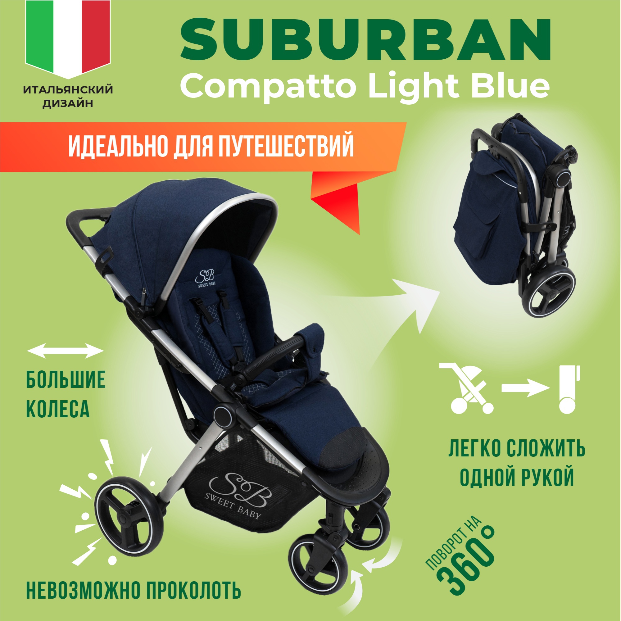 Коляска прогулочная Sweet Baby Suburban Compatto Light Blue - фото 2