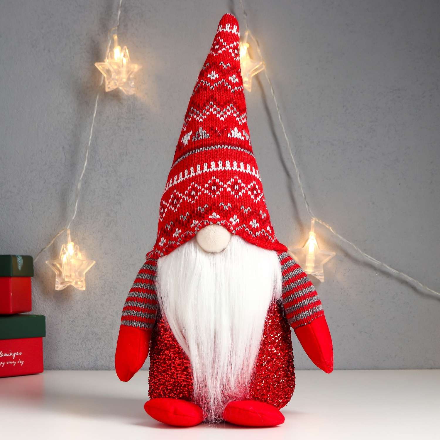 Кукла интерьерная Зимнее волшебство «Дед Мороз светящийся нос в красном колпаке с узорами» 33х17х12 см - фото 2