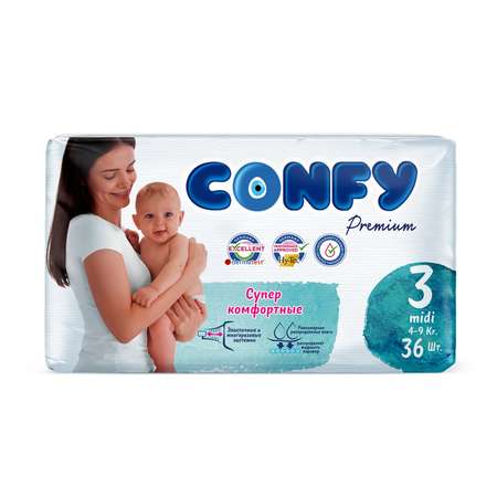 Подгузники детские CONFY Premium Midi размер 3 4-9 кг 36 шт CONFY