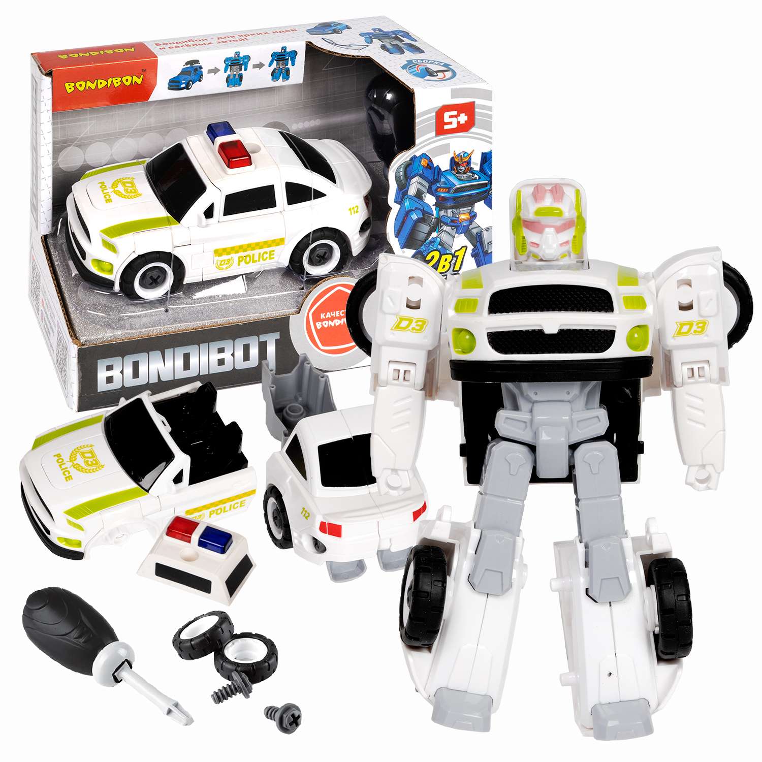 Трансформер BONDIBON Bondibot Робот-автомобиль 2 в 1 с отвёрткой Полиция белого цвета - фото 1