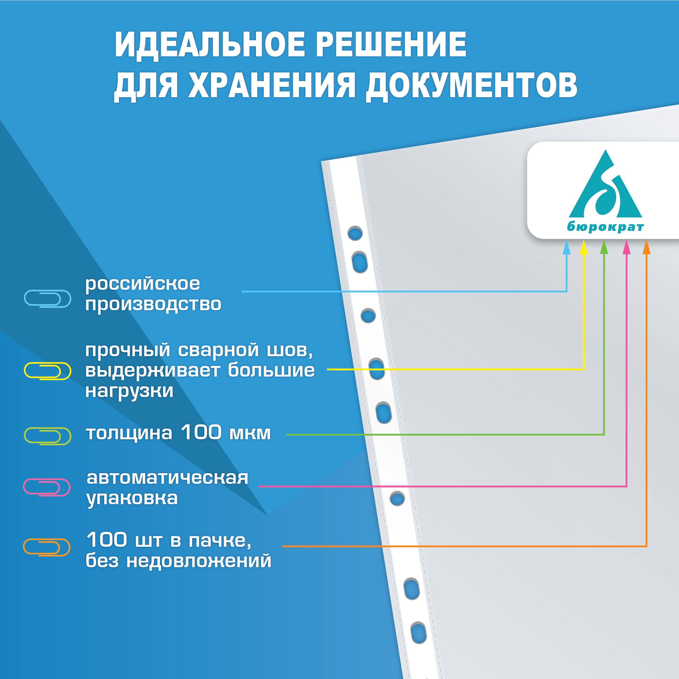 Файлы-вкладыши Бюрократ глянцевые А4+ 100мкм упак.100шт - фото 5