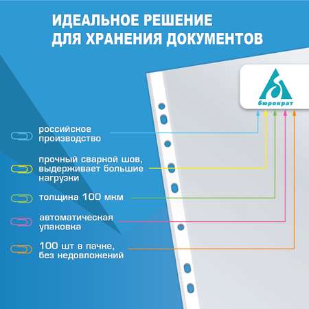 Файлы-вкладыши Бюрократ глянцевые А4+ 100мкм упак.100шт