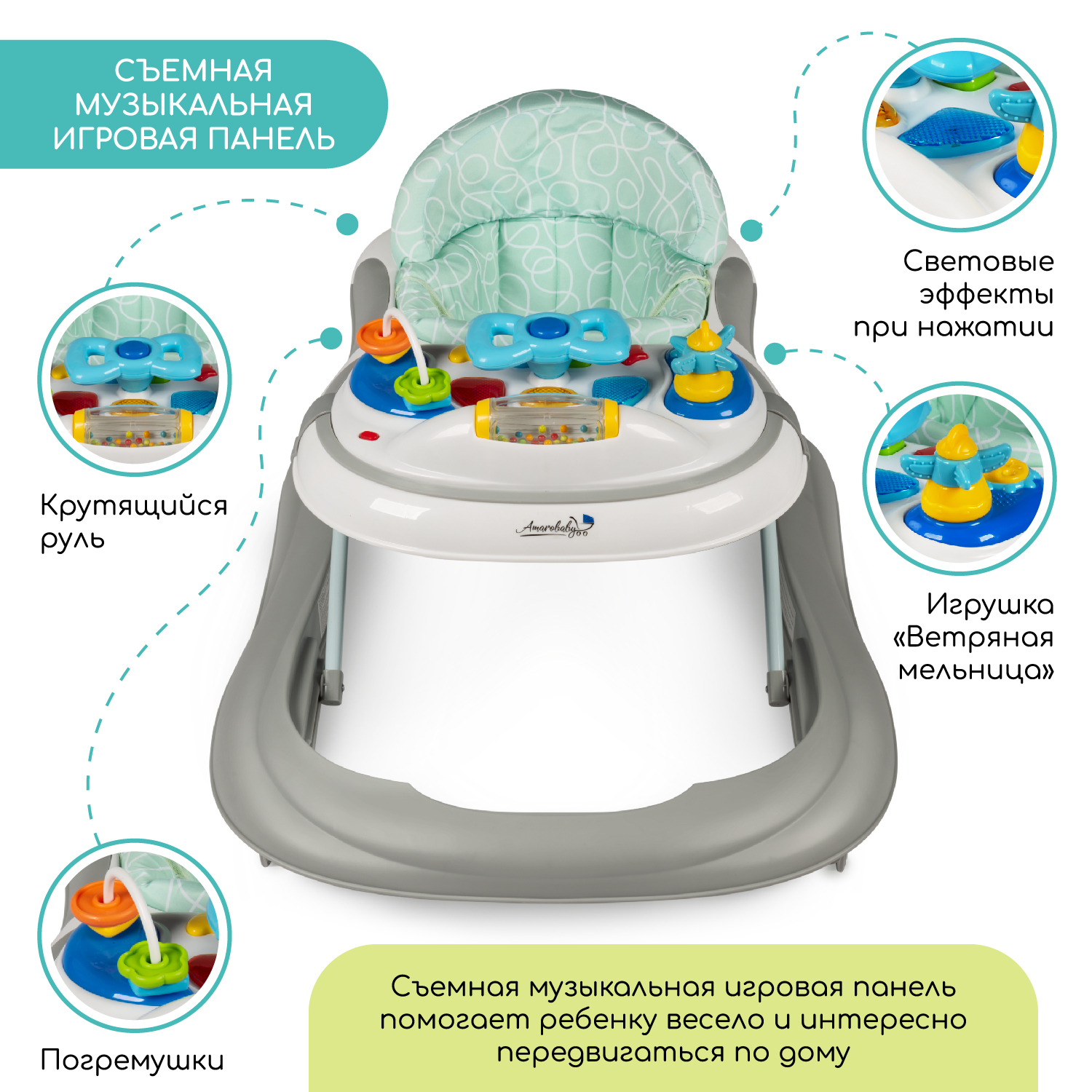 Ходунки детские AmaroBaby с электронной игровой панелью Strolling Baby GRAY серый - фото 9