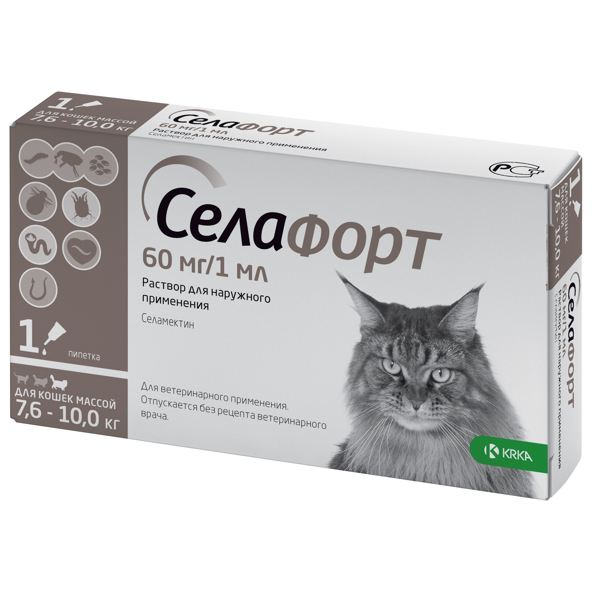 Препарат инсектоакарицидный для кошек KRKA Селафорт 60мг 1мл - фото 1