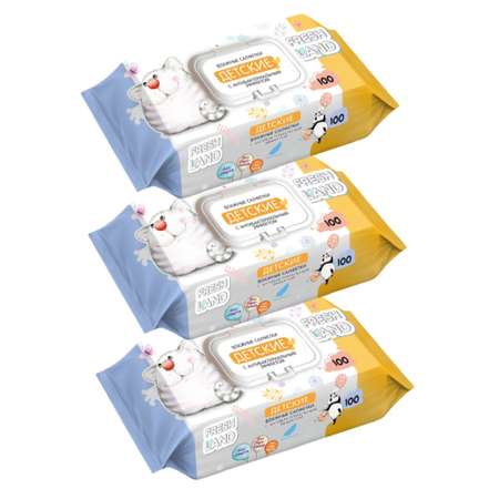Влажные салфетки детские FRESHLAND Кот с антибактериальным эффектом 3х100 шт