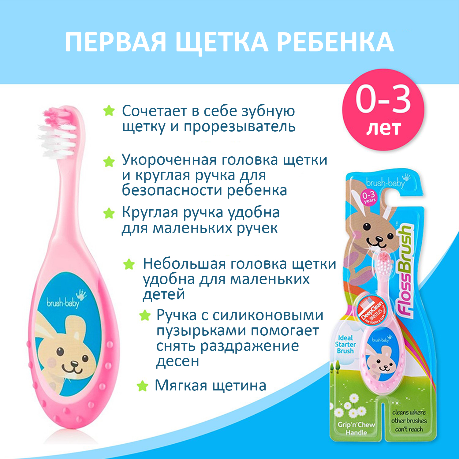 Зубная щетка Brush-Baby FlossBrush 0-3 года розовая - фото 2