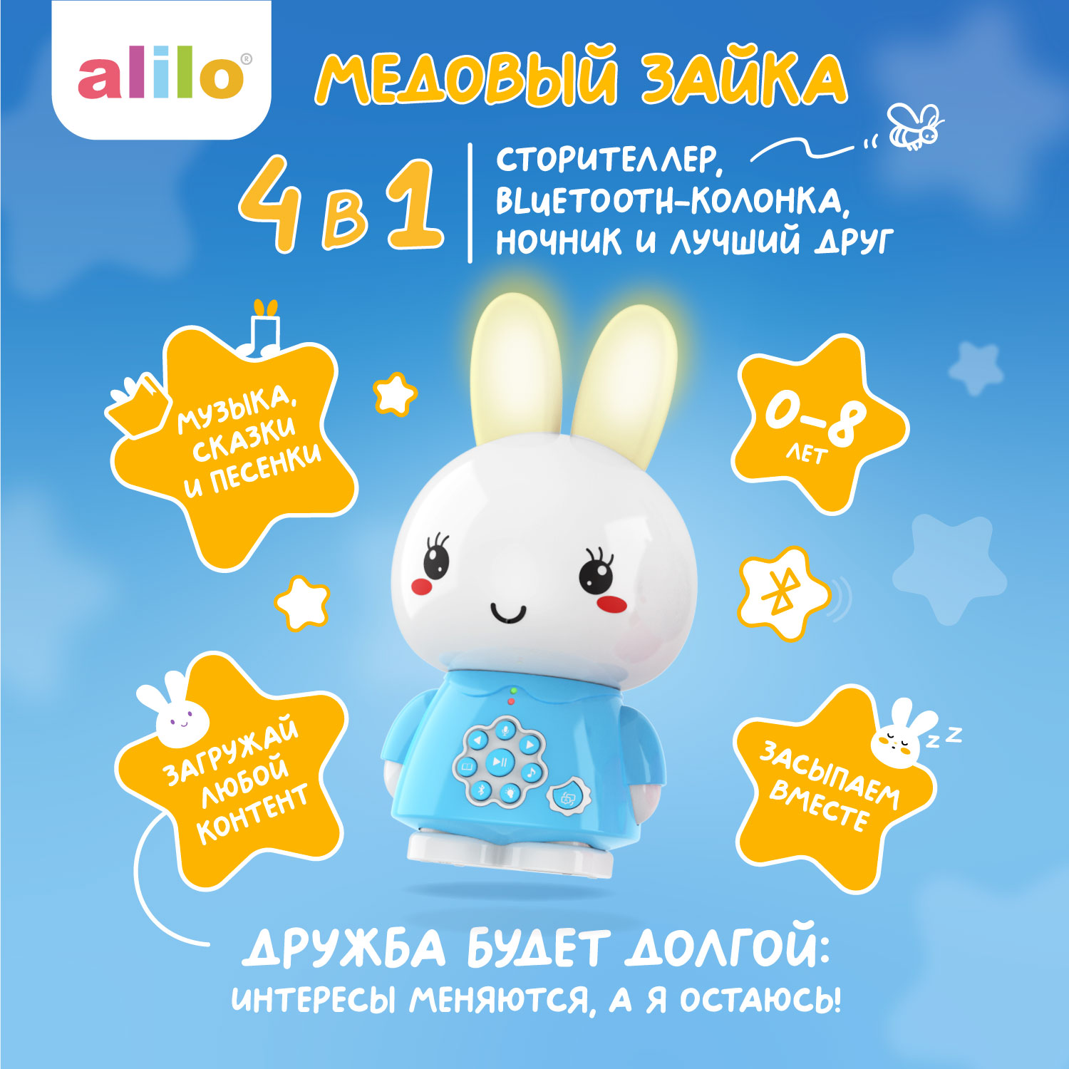 Музыкальная игрушка Alilo Медовый зайка G6+ голубой 60961