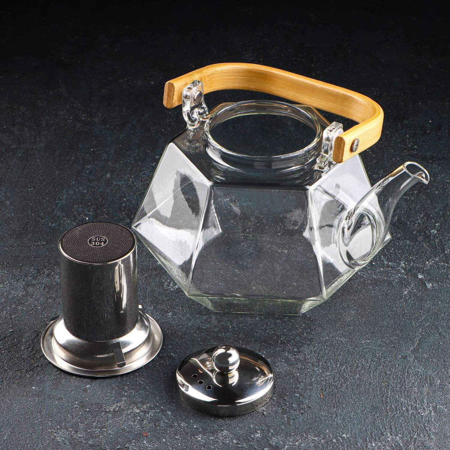Чайник Sima-Land стеклянный заварочный с бамбуковой крышкой и металлическим ситом «Октогон» 1.2 л - фото 2