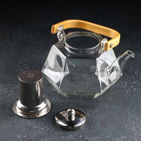 Чайник Sima-Land стеклянный заварочный с бамбуковой крышкой и металлическим ситом «Октогон» 1.2 л