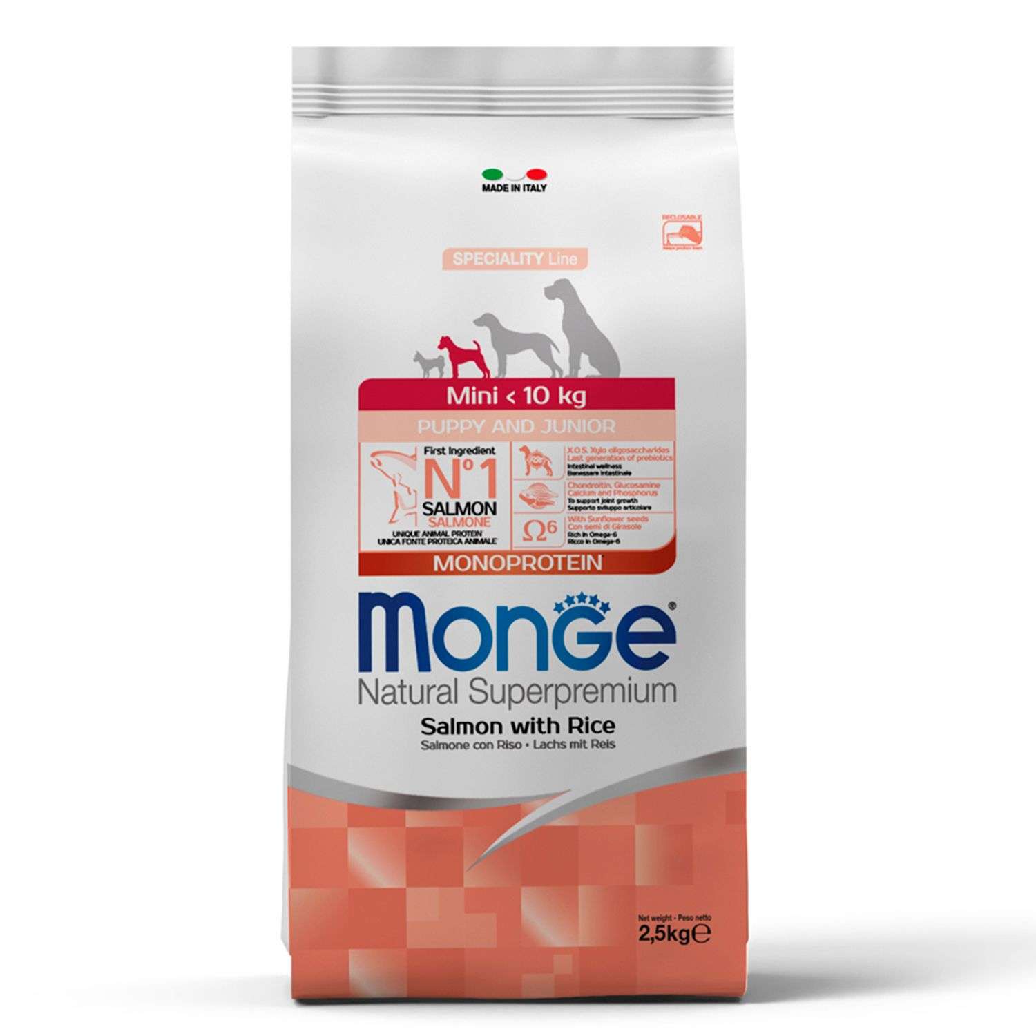 Корм для щенков MONGE 2.5кг Dog Speciality Line Monoprotein мелких пород лосось-рис - фото 1