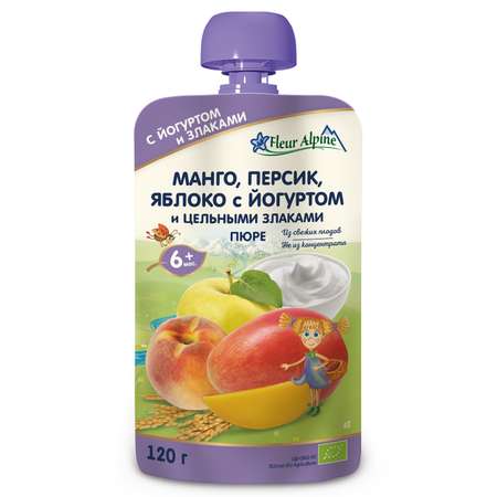 Пюре Fleur Alpine Органик манго-персик-яблоко-йогурт пауч 120г с 6месяцев