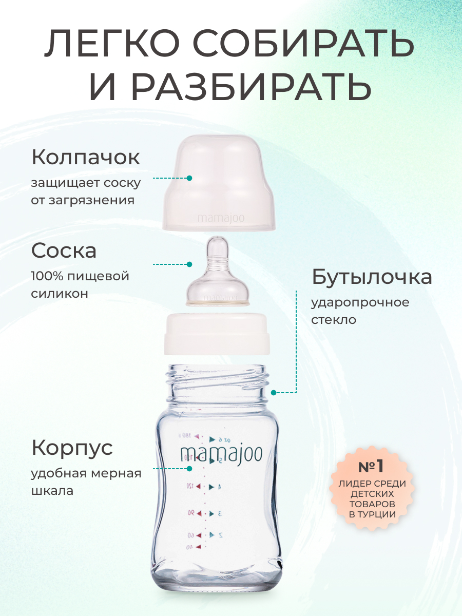 Бутылочка для кормления Mamajoo антиколиковая стеклянная 180мл S - фото 3