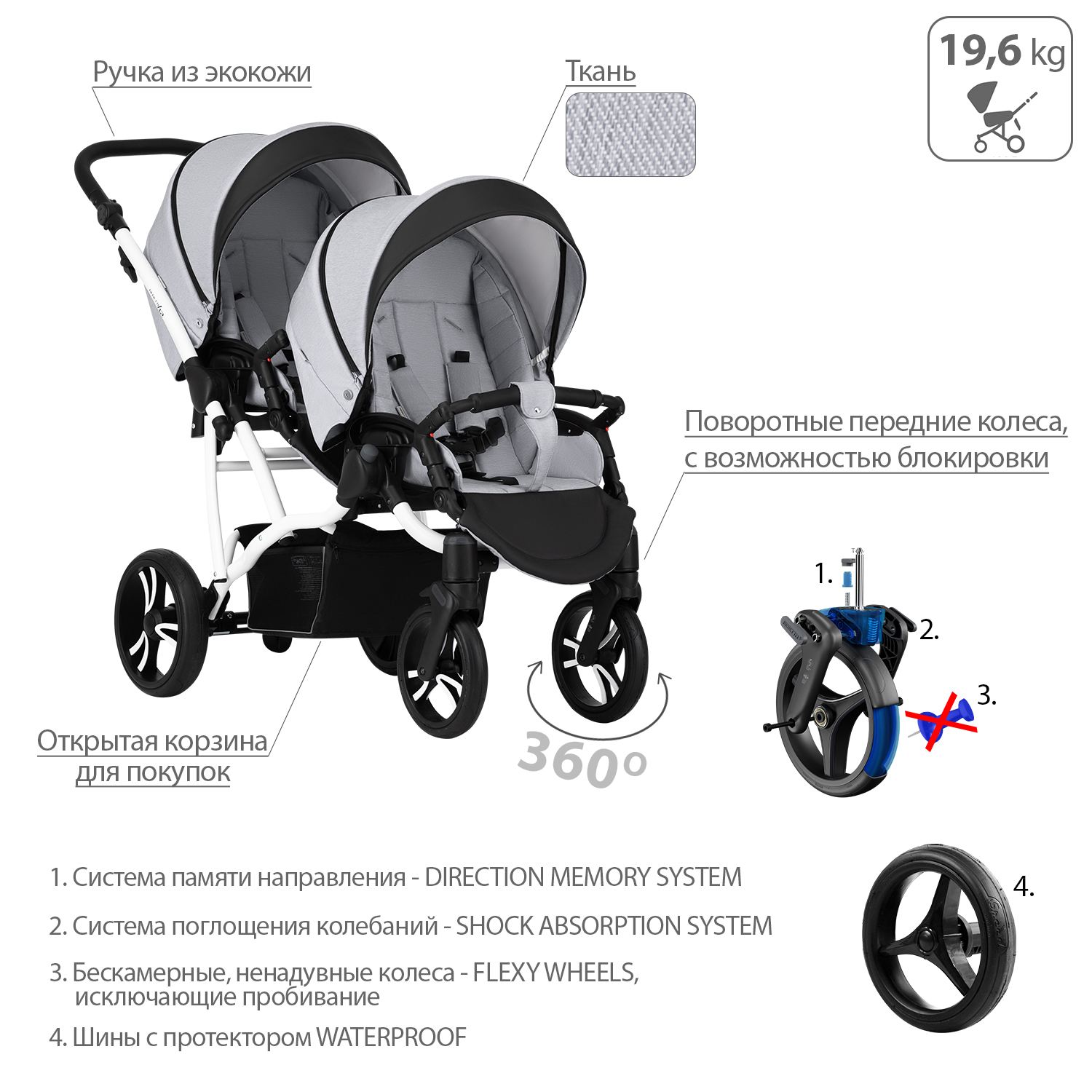 Коляска прогулочная Bebetto 42 Sport Comfort для двойни шасси Белое 03 - фото 5