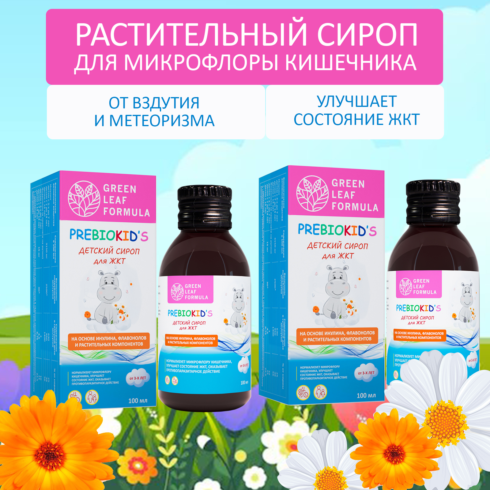 Детский сироп для кишечника Green Leaf Formula для детей от 3 лет пребиотик инулин 2 шт по 100 мл - фото 1