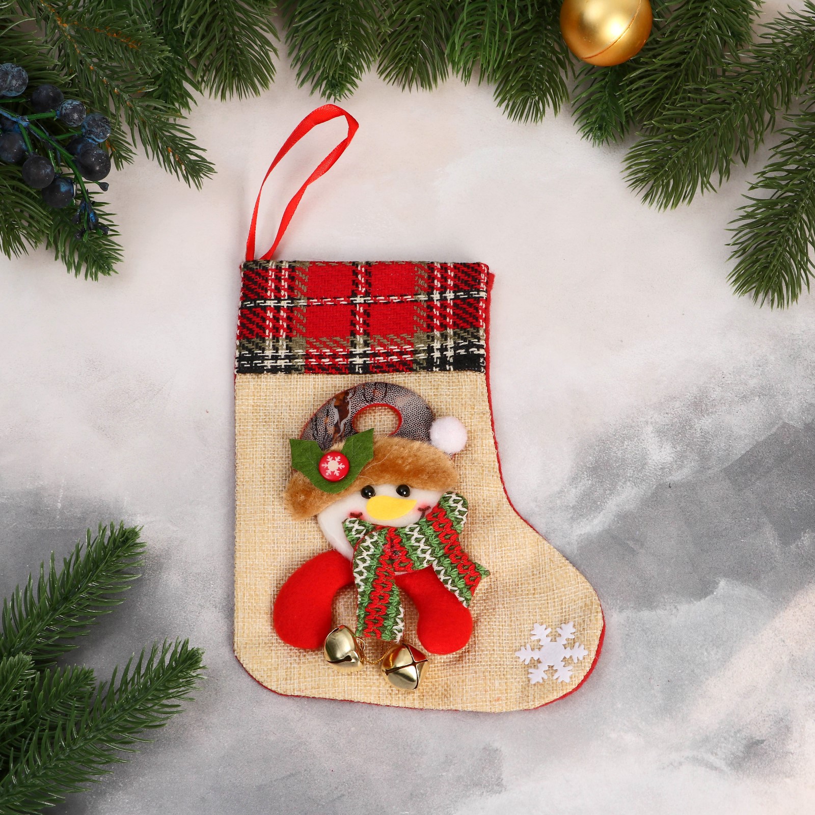 Носок Зимнее волшебство для подарков «Снеговик с колокольчиками» 15х20 см красно бежевый - фото 1