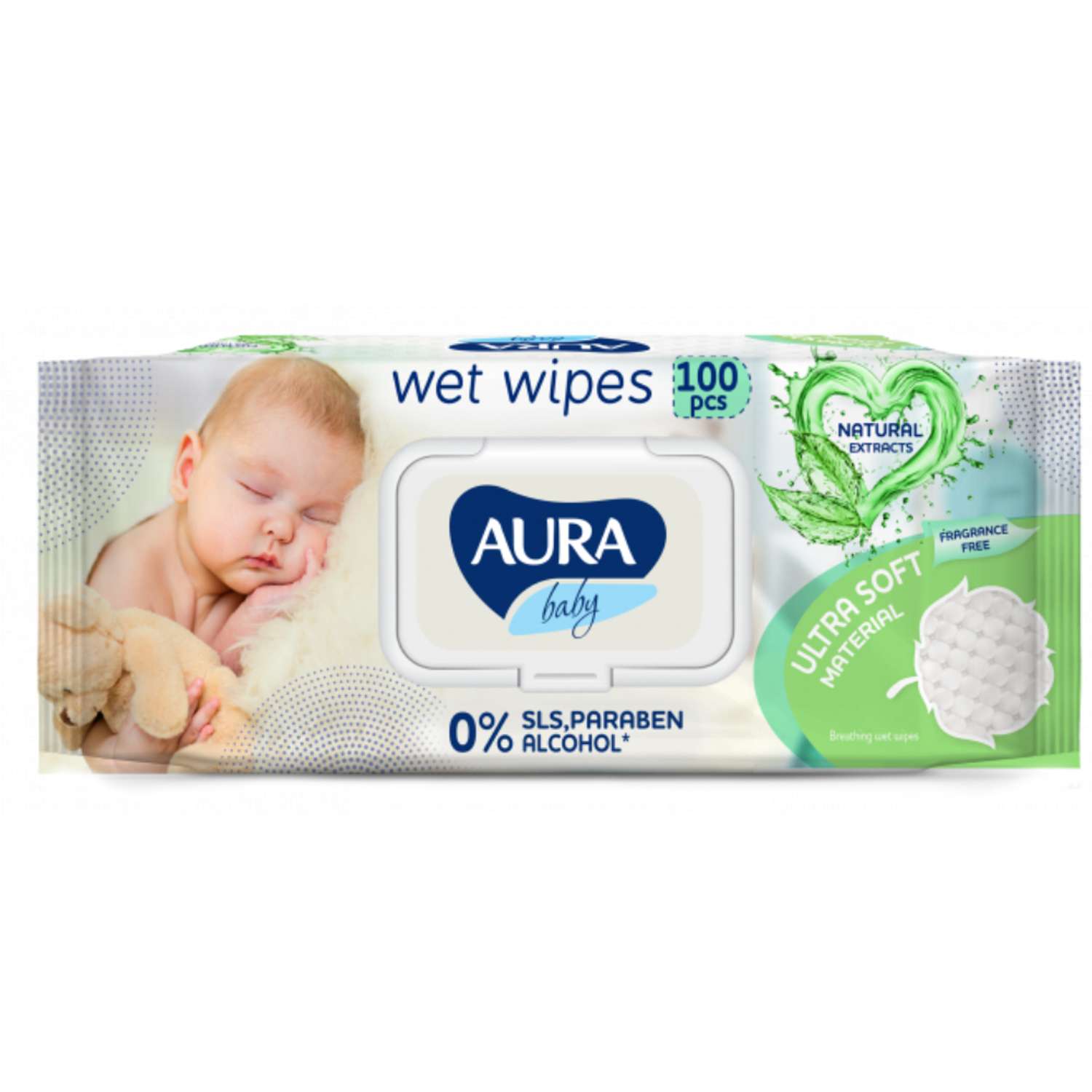 Влажные салфетки AURA Baby детские 0+ с алоэ big-pack с крышкой 100шт - фото 1