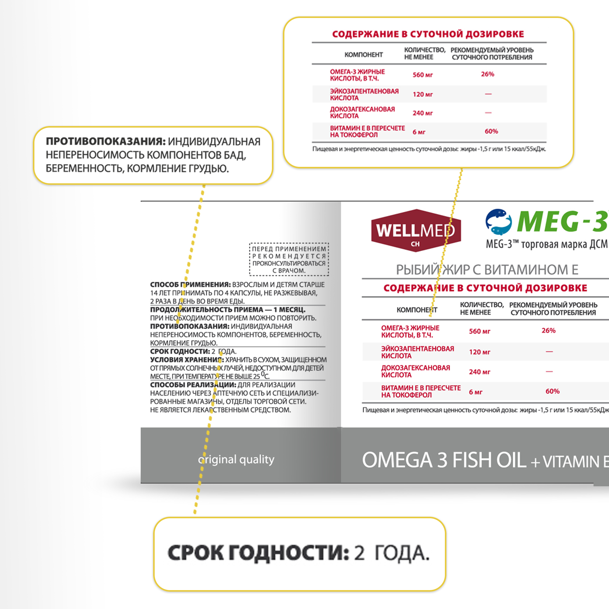 Рыбий жир для женщин WELLMED Концентрат Omega-3 с витамином E 200 капсул Fish oil - фото 14