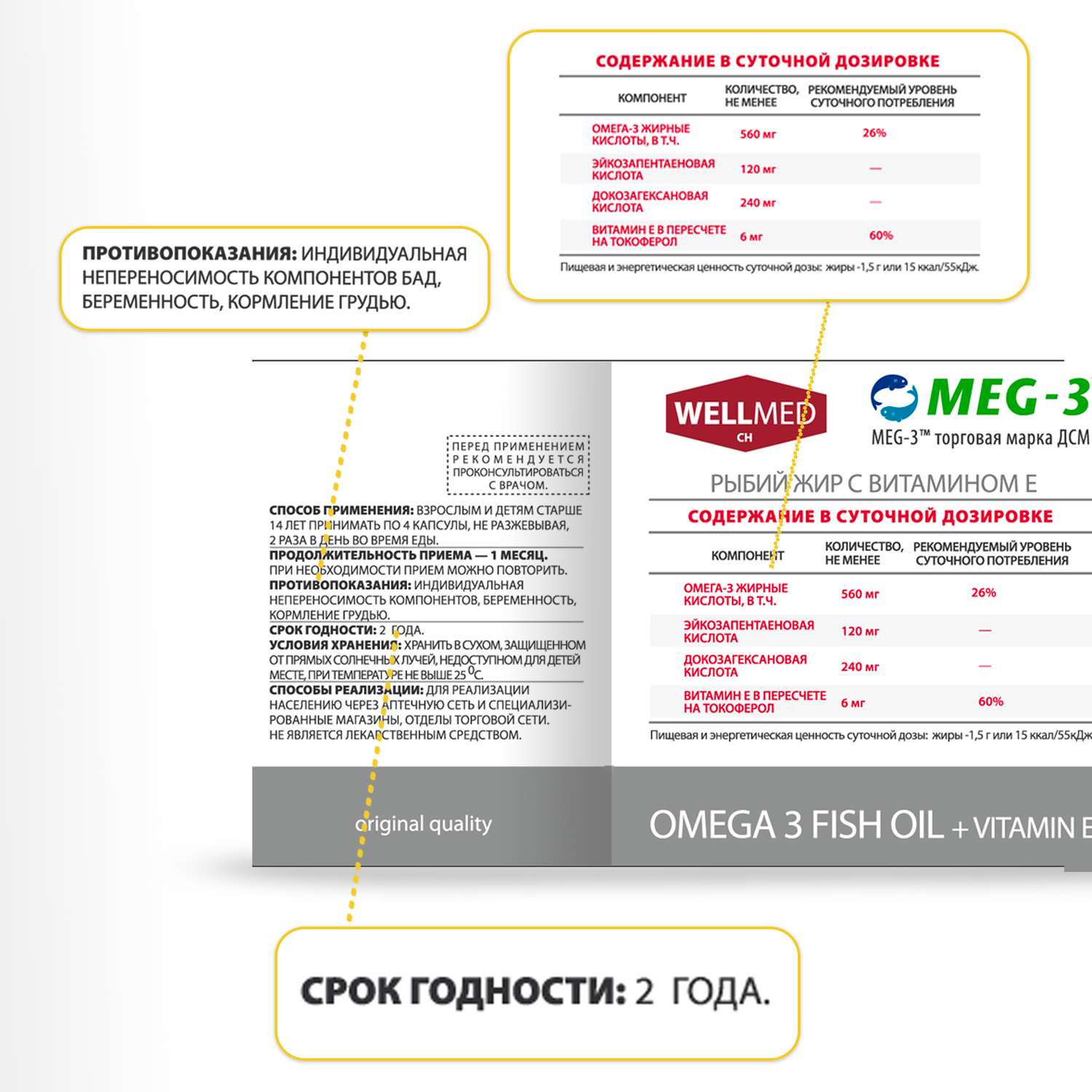Рыбий жир для женщин WELLMED Концентрат Omega-3 с витамином E 200 капсул Fish oil - фото 13
