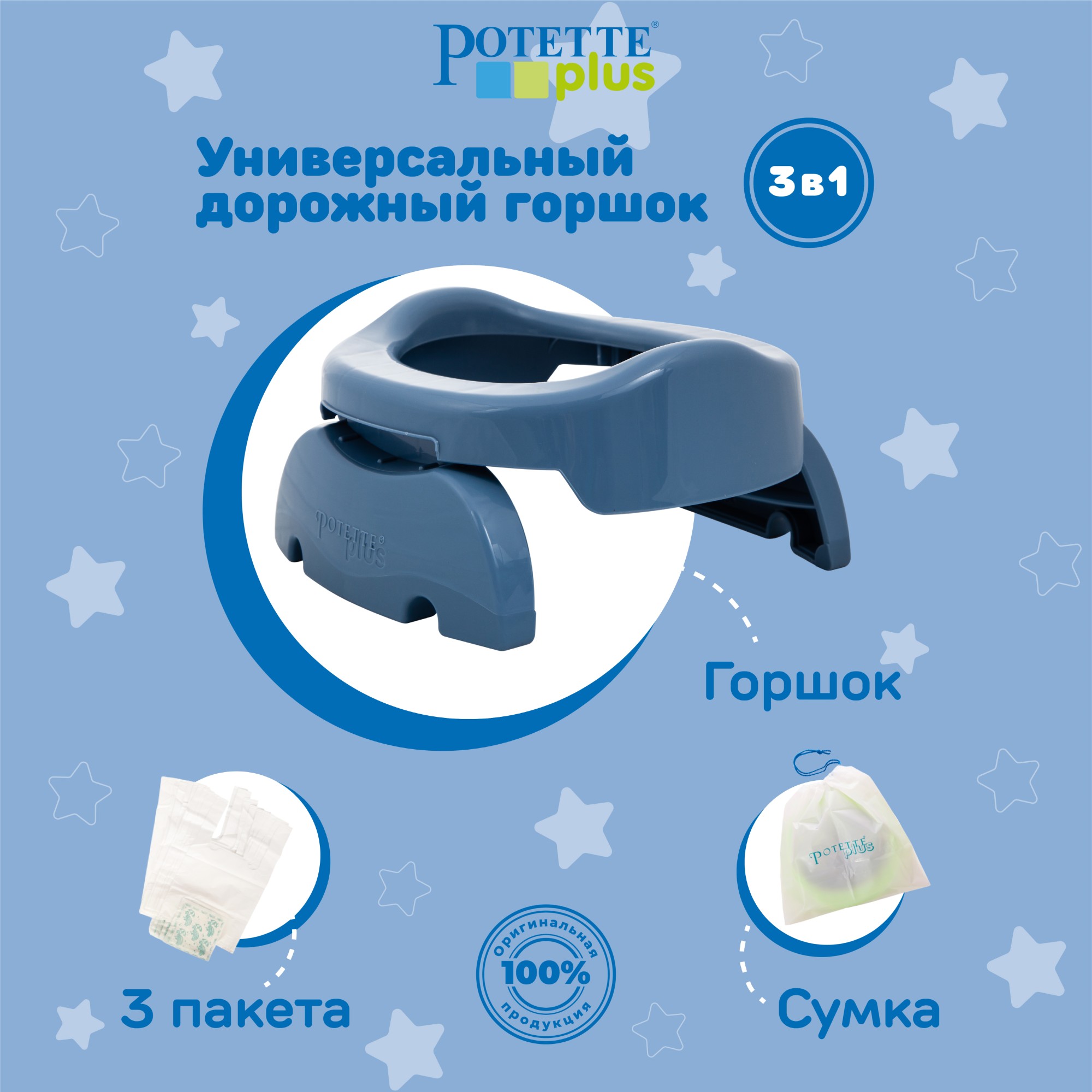 Дорожный горшок Potette Plus складной + 3 одноразовых пакета сказочно синий  купить по цене 1190 ₽ в интернет-магазине Детский мир