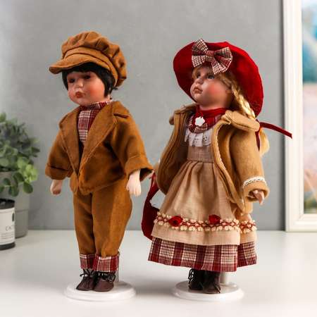 Кукла коллекционная Зимнее волшебство парочка набор 2 шт «Оля и Саша в бежево-терракотовых нарядах» 30 см