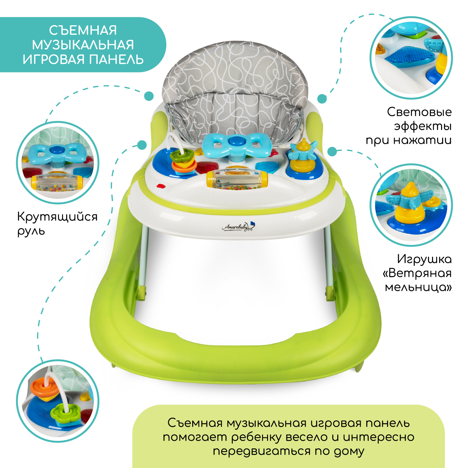 Ходунки детские AmaroBaby с электронной игровой панелью AMAROBABY Strolling Baby GREEN зеленый - фото 8