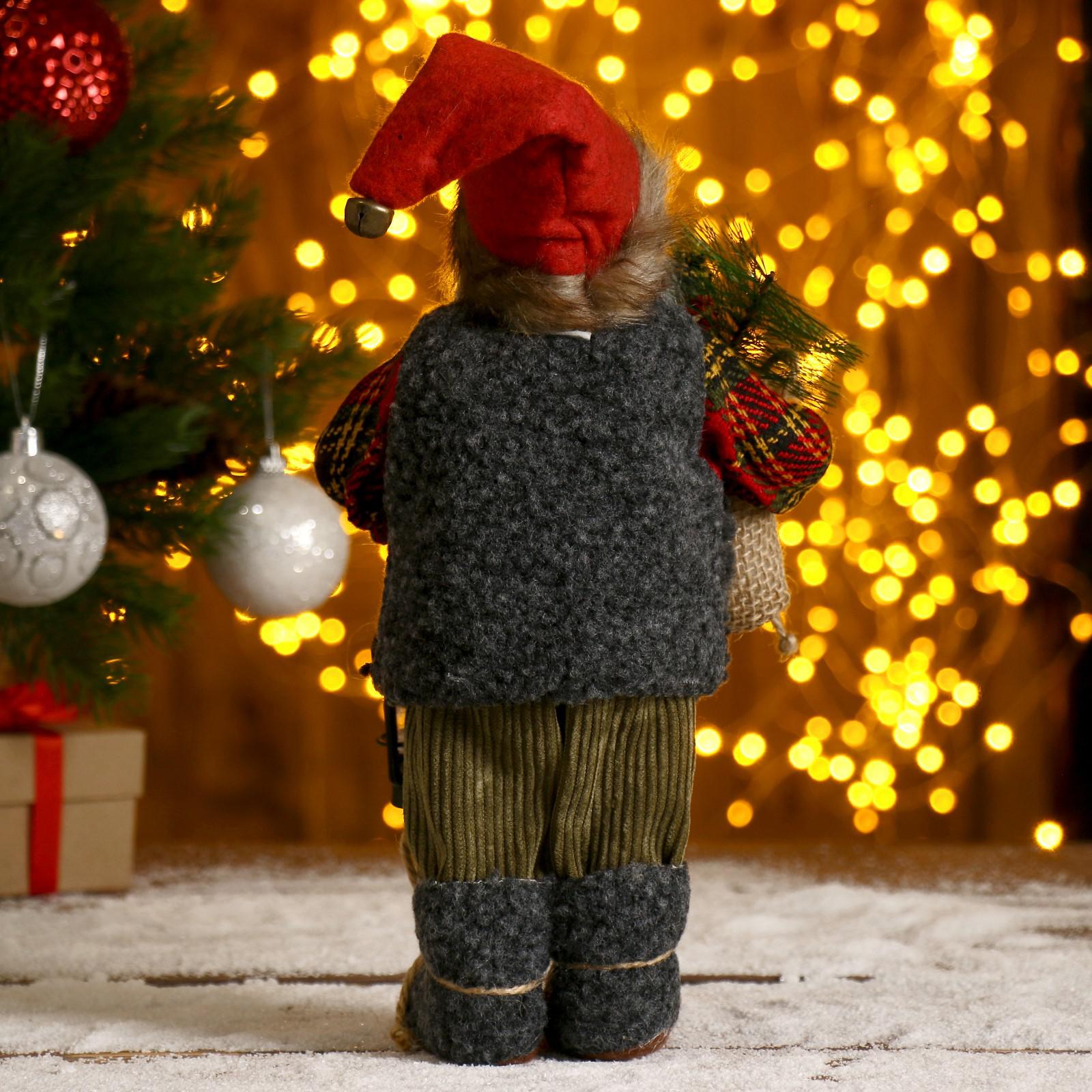 Дед мороз Зимнее волшебство «В клетчатой шубке с фонариком и мешком» 30 см - фото 7