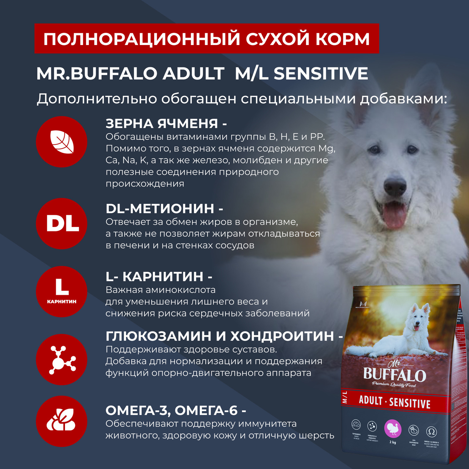 Сухой корм для собак Mr.Buffalo 2 кг (при чувствительном пищеварении, лечебный) - фото 4