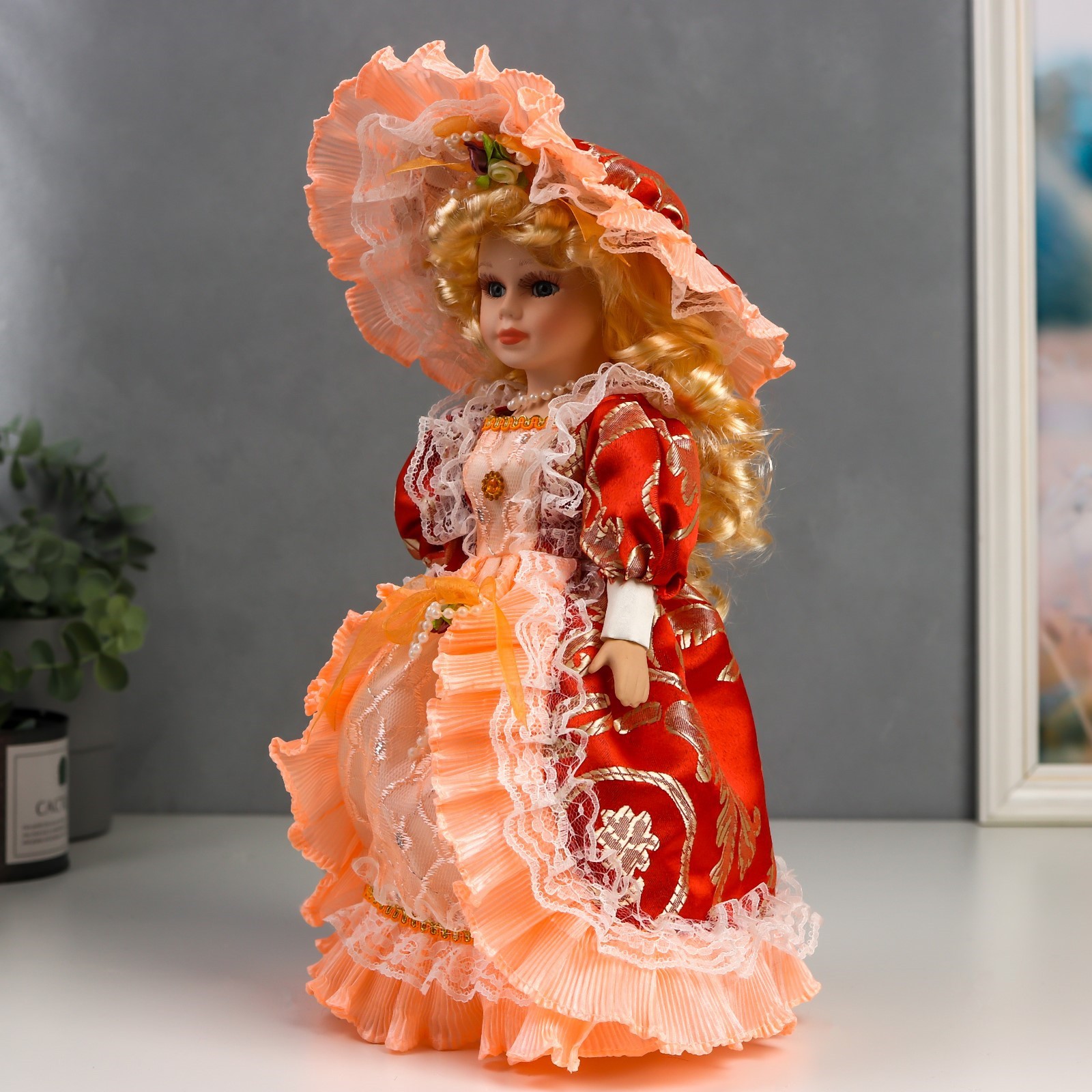 Кукла коллекционная Зимнее волшебство керамика «Леди Анастасия в красно-оранжевом платье » 30 см - фото 2