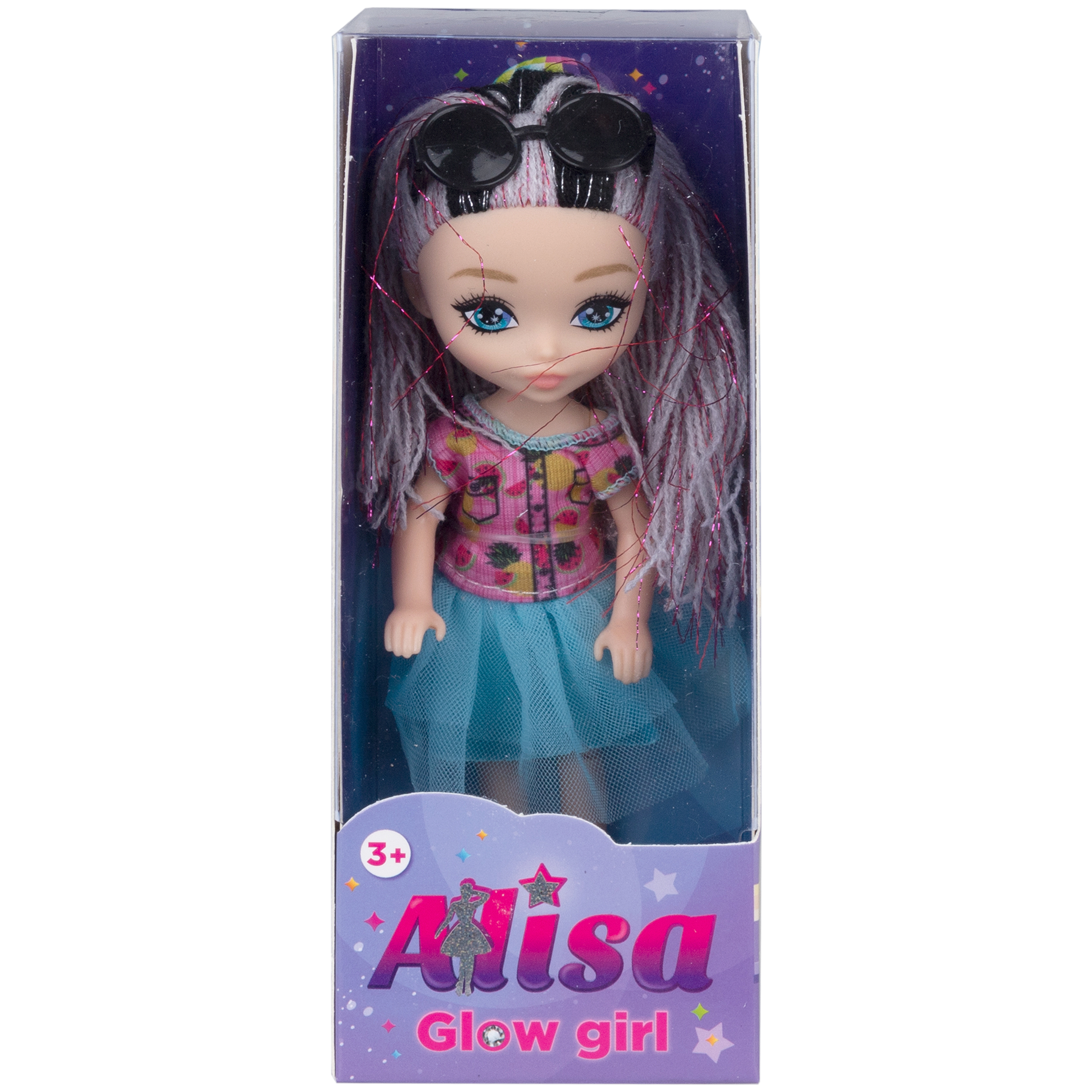 Кукла для девочки Alisa glow girl 1TOY мини с яркими волосами и очками гнущиеся колени в голубой юбке 15 см Т25196-2 - фото 2